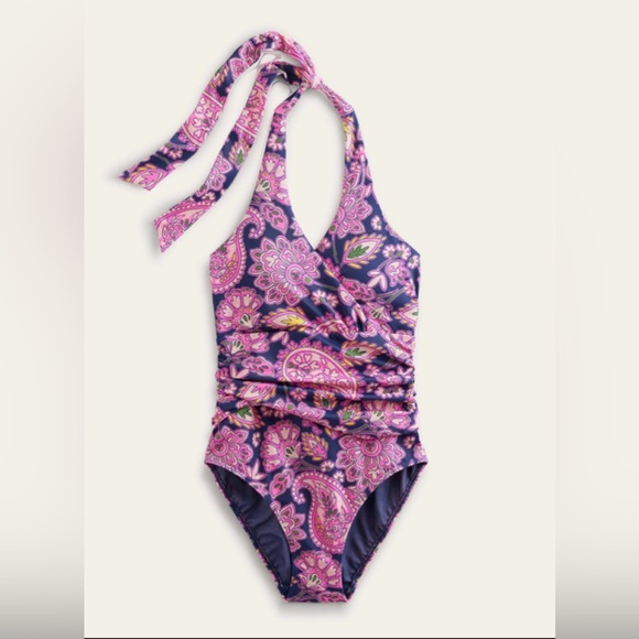 Boden Levanzo Ruched Halter One Piece Swim Suit Pink Navy Print NEW with Tags - Picture 2 of 7